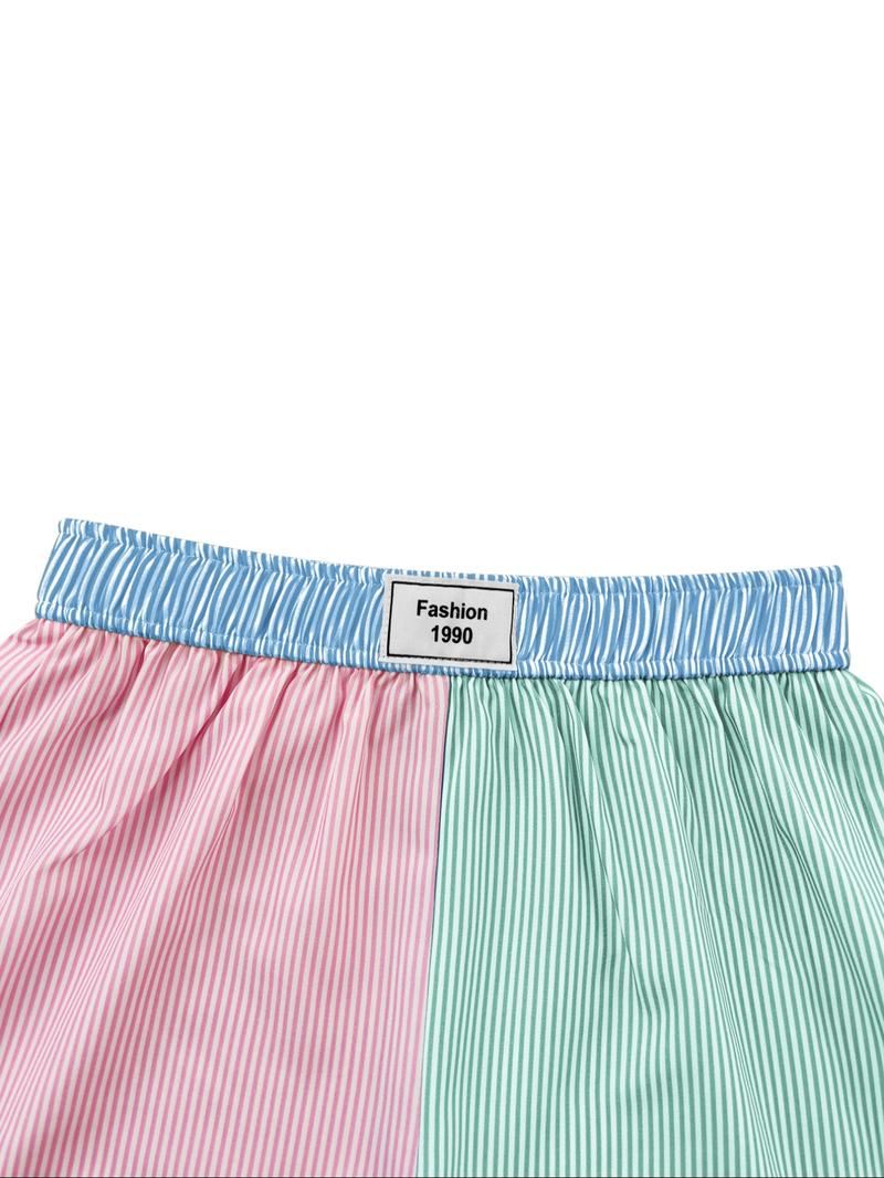 Women's Patchwork & Striped Print Elastic Waist Shorts, Casual Letter Patched Shorts, Women's Bottoms for Daily Wear