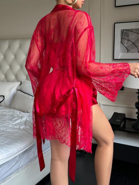 Women's Sheer Mesh Robe Lingerie Set, Sexy Plain Color Spaghetti Strap Shorts Three-Piece Suit, All-Season Fashion Sleepwear for Women