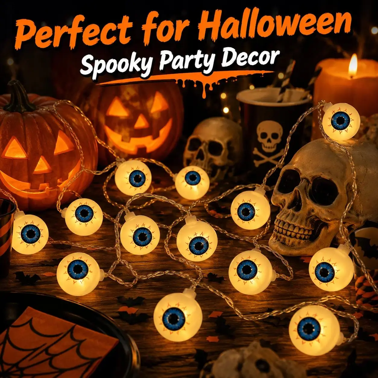 20 LED 118-Inch Spooky Eyeball String Lights with 8 Modes Remote, Exclusive Design Anti-Lost Cable, USB Powered Blue Eye Decor for Indoor Halloween Party & Window