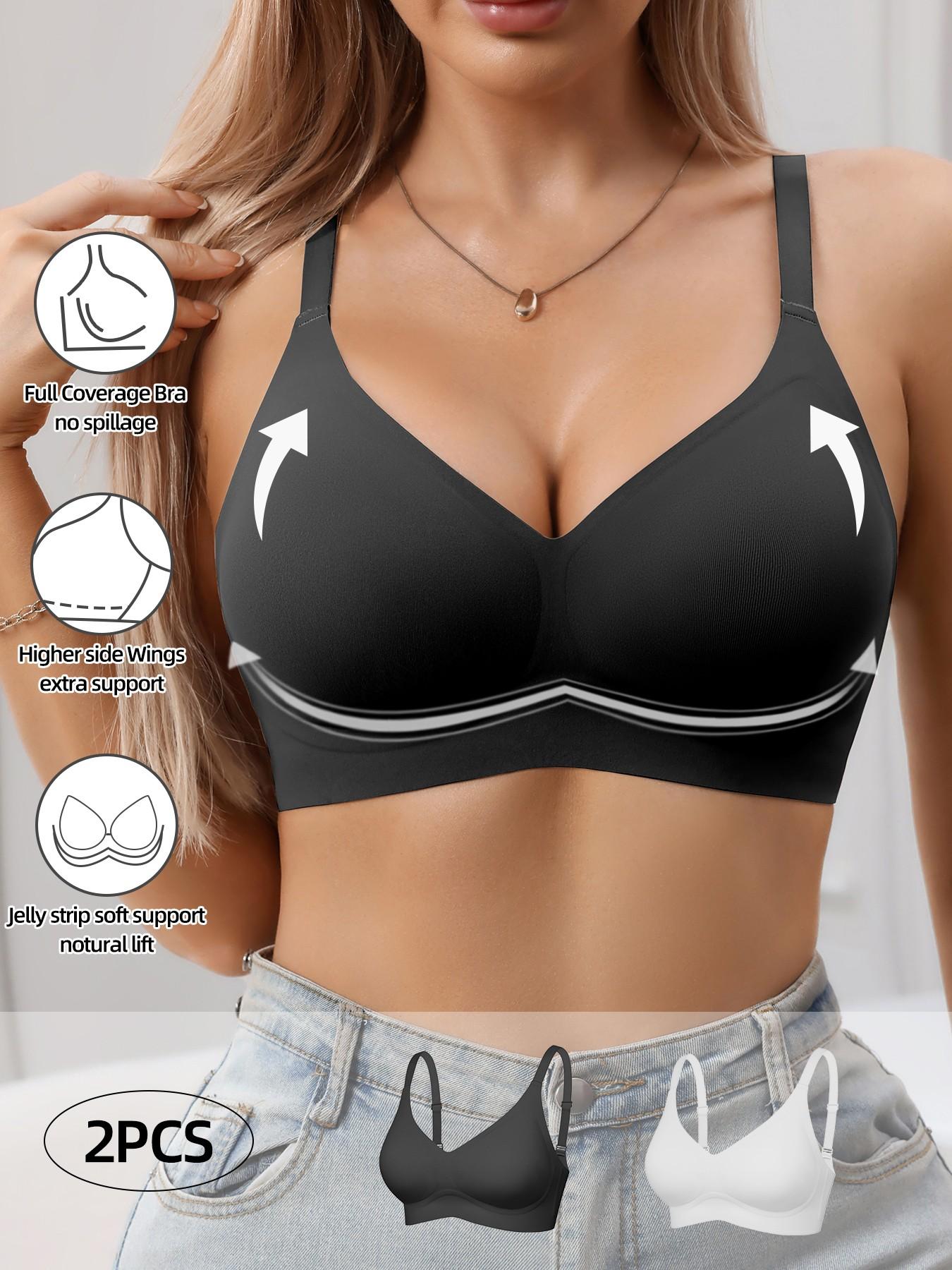 Jelly Bra Sexy V-Neck Gathered Wireless No Underwire Half Fixed Cup Pad Soft Comfort Women Daily Bra, Adjustable Strap, Medium Support, All Seasons