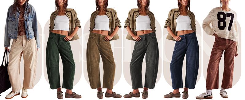 UANEO Women's Corduroy Pants Barrel Mid-Rise Elastic Waist Cord Pants Casual Wide Leg Baggy Trouser with Pockets