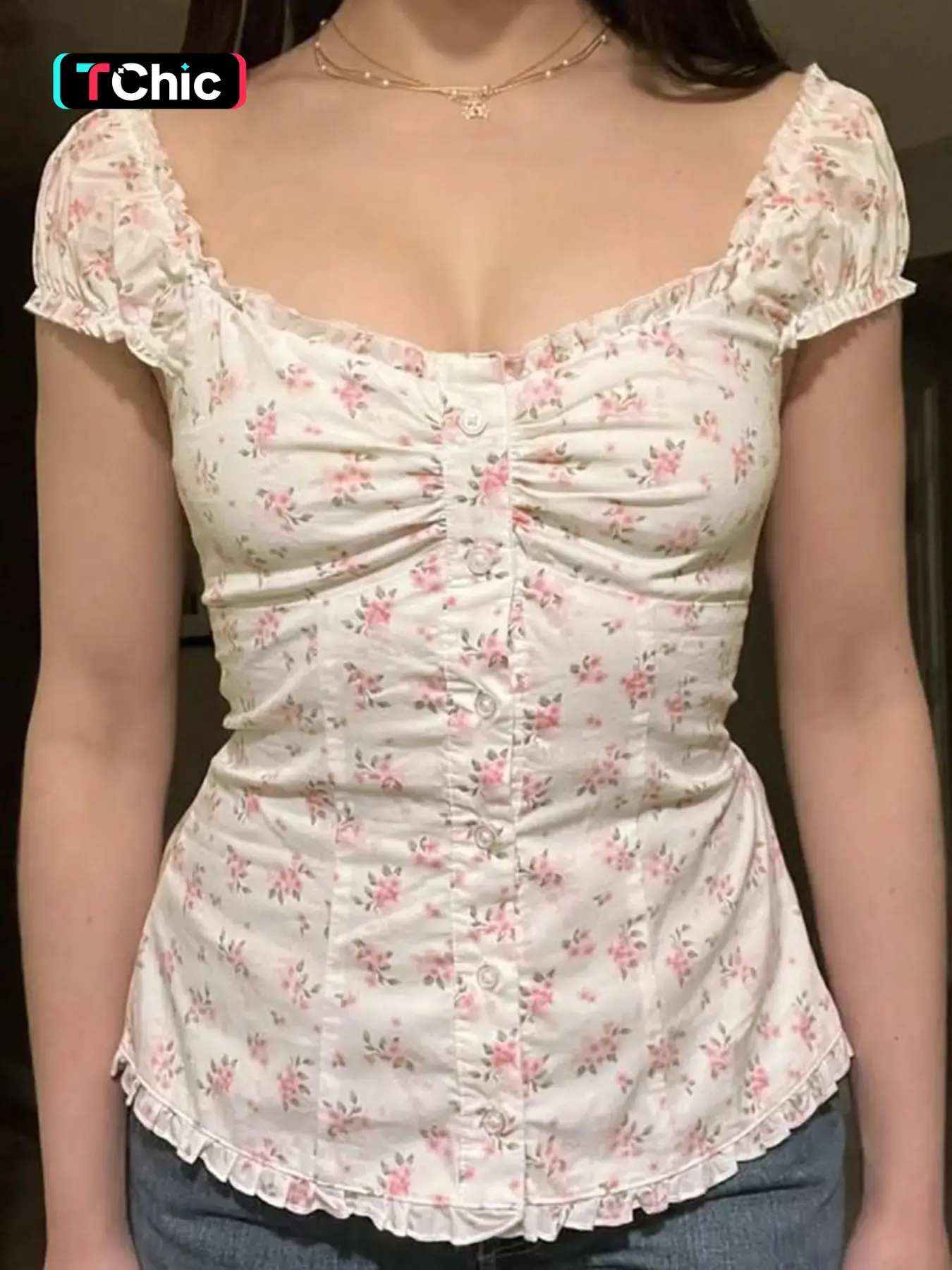 French Elegant Ditsy Floral Print Pleated Slim Fit Shirt, Women's Summer Short Sleeve Casual Top, Sweet Style Button Front Blouse