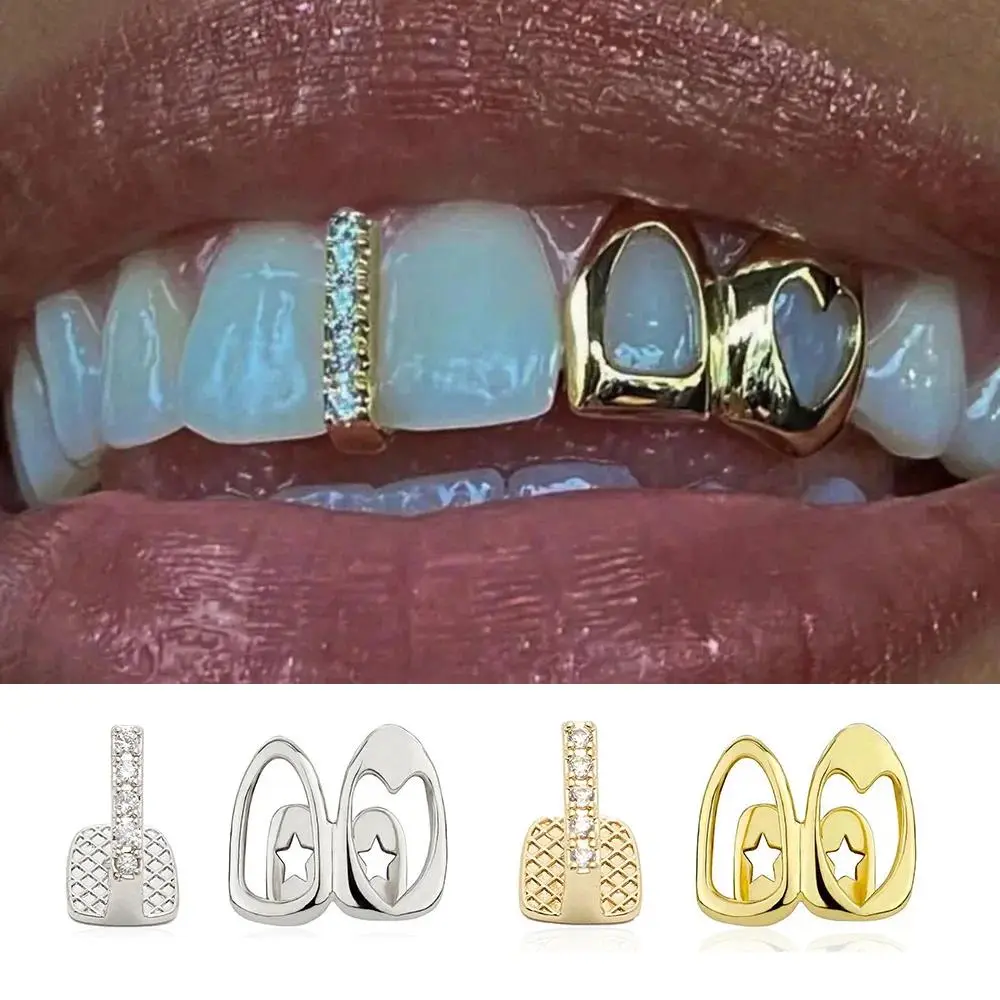 YOUNGX Hip Hop DIY Vertical Bar Shiny Zircon Teeth Grillz Braces Punk Double Hollow Heart Tooth Caps For Women Men Jewelry