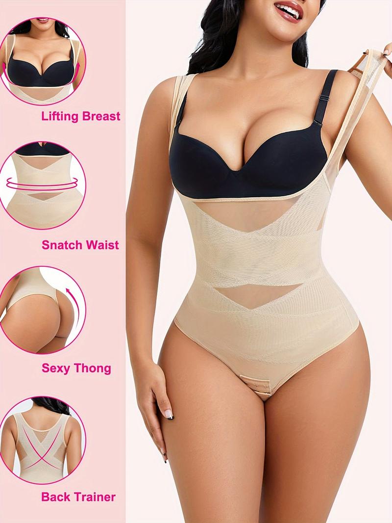 Women's Contrast Mesh Thong Design Shapewear Bodysuit, High Stretch U Neck Tummy Control Shapewear Clothing, Ladies Shapewear for Daily Wear, Garment