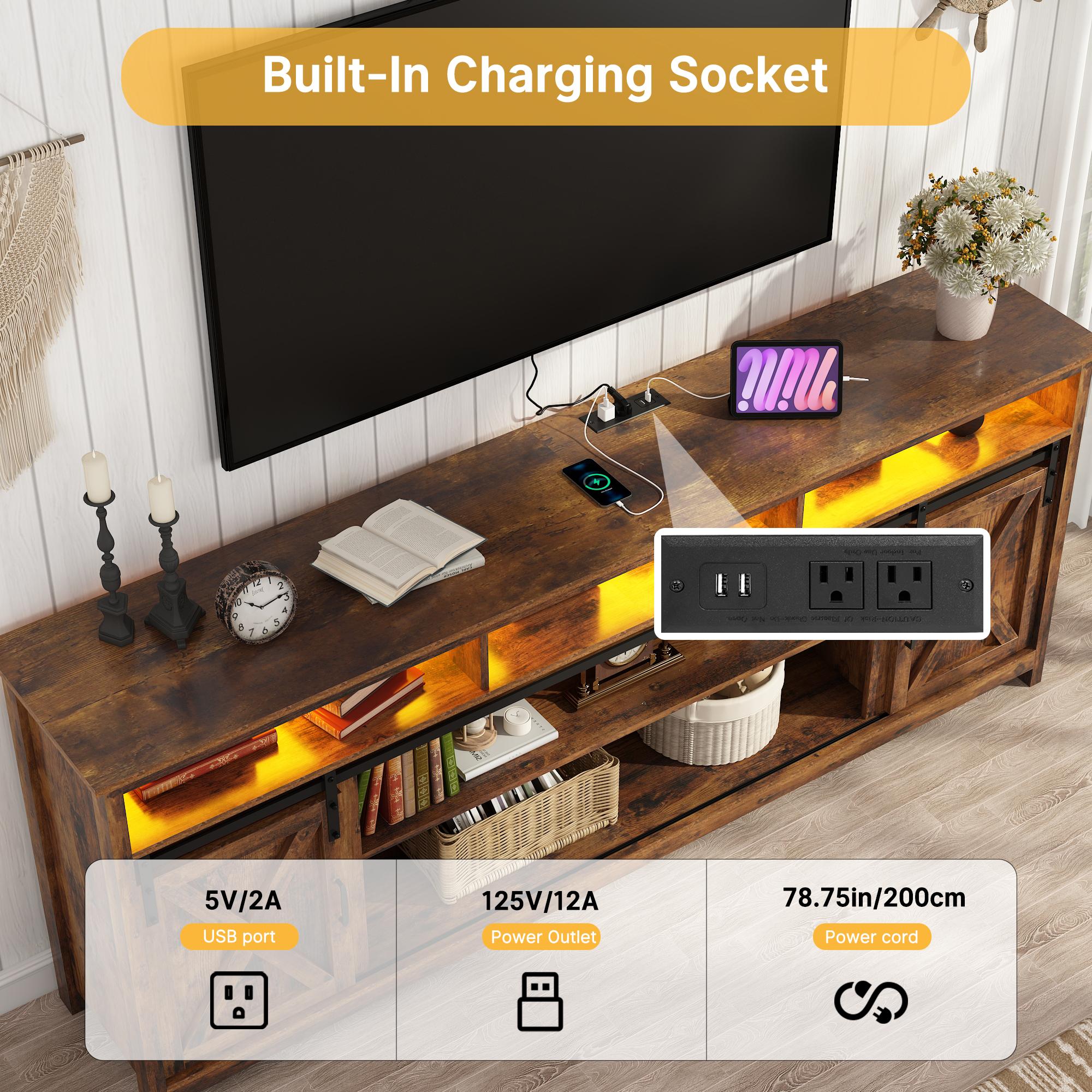 57/70/80.7in Wooden Farmhouse Entertainment Center for 90/85/80/75 inch TV,Double Layer Storage Farmhouse TV Stand,Double-Row Sockets with Wood Sliding Barn Door TV Stand (Brown/grey/white/Rustic Brown)