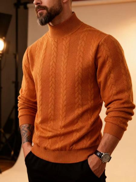 Men's solid color knitted jacquard turtleneck sweater is comfortable, warm and windproof, and can be layered. Casual, comfortable, regular slim fit long-sleeved sweatshirt, suitable for autumn and winter wear, and for men's daily outfits.