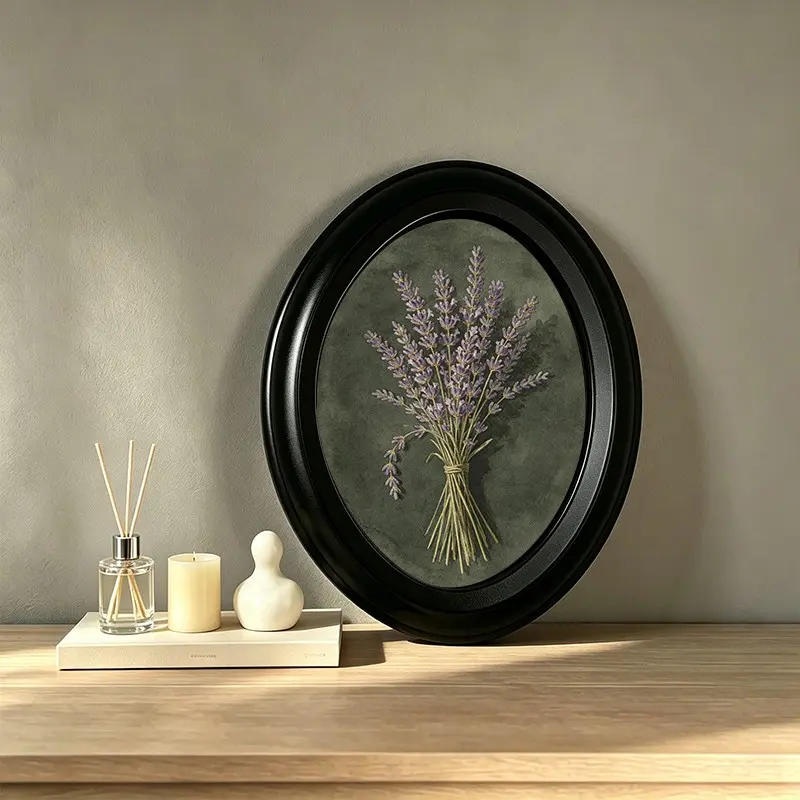 Vintage Gothic Cottage Oval Wall Plaque, Moody Antique Botanical Dried Lavender Bouquet Framed Art Print 6.8 * 8.7 Inch, Interchangeable Art Insert Wall Ornament for Living Room & Magical Home Decoration