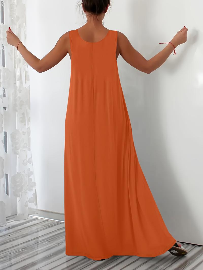 Elegant Plus Size Women's Sleeveless Round Neck Plain Vest Dress, Casual Home Wear, Comfortable Fit, Multiple Colors Available