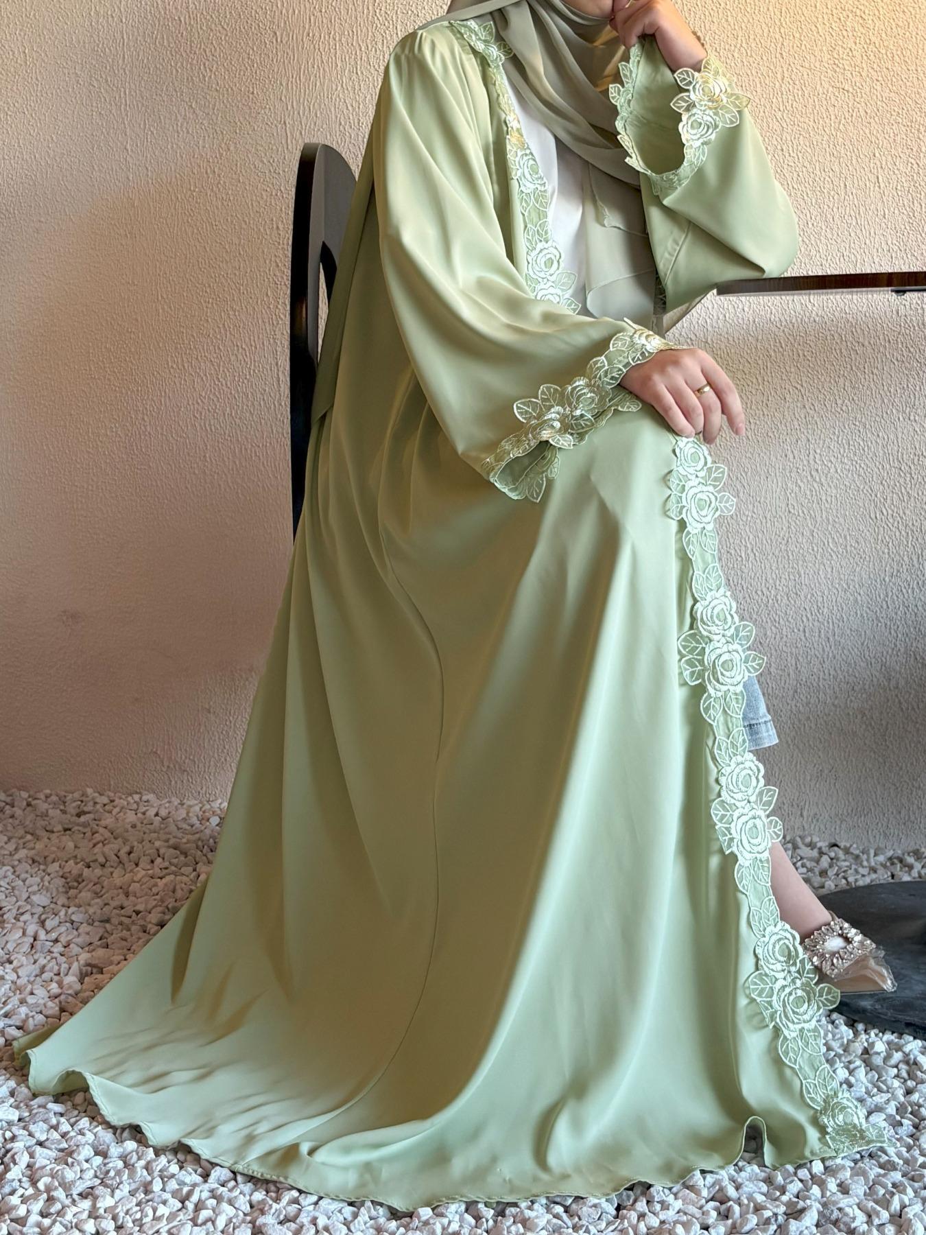 Elegant Floral with Headscarf, Comfortable Open Front Long Robe, Abaya Hijab Set, Perfect for Parties, Vacations, Ramadan, and Festivals