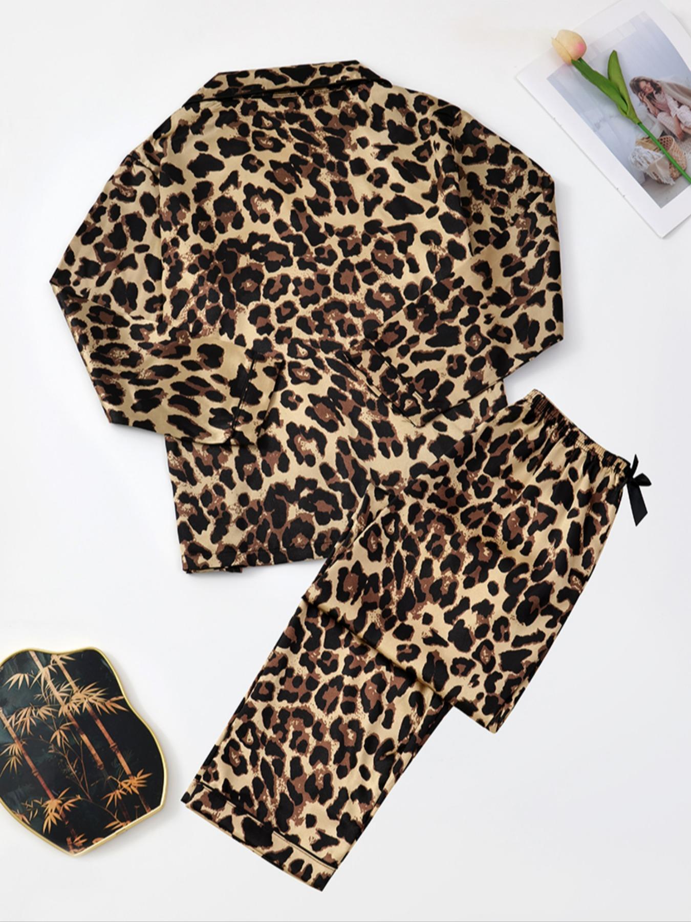 Women's Leopard Print Satin Pajama Set, Long Sleeve Button Front Top & Pants, Fall Winter Sleepwear, Comfortable Home Wear, Loungewear
