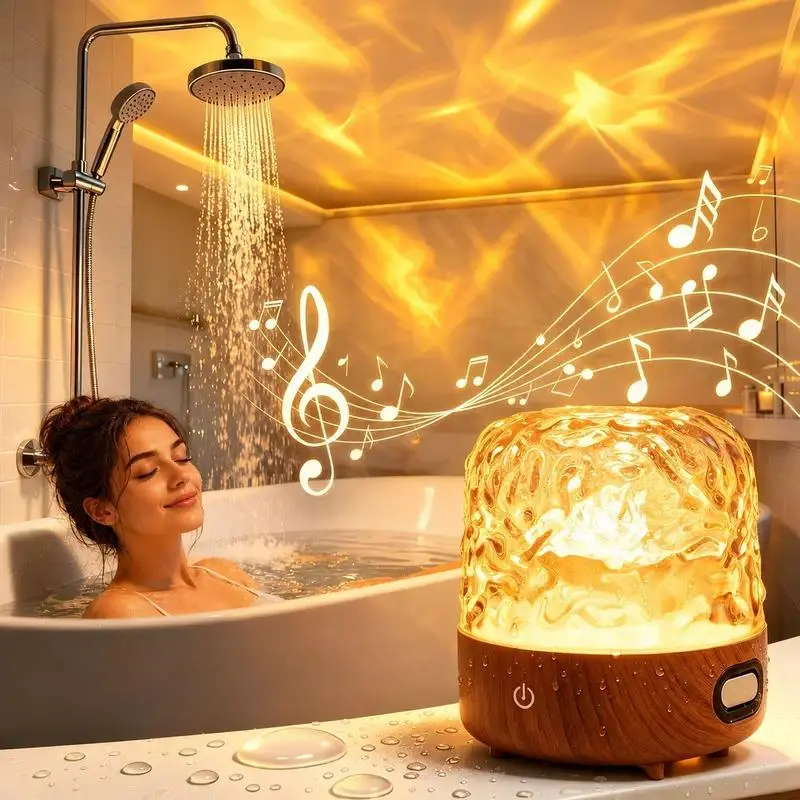 Rechargeable Waterproof Shower Lamp with Bluetooth Speaker, White Noise & 16-Color Ocean Wave Projector, Remote-Touch Control for Shower, Bedroom Decor