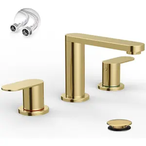 Brushed Gold Bathroom Faucet 3 Hole, 8 Inch Widespread Gold Bathroom Faucets with Pop-up Drain and Supply Lines, 360 °   Swivel Spout 2-Handle Sink Faucet for Bath Vanity