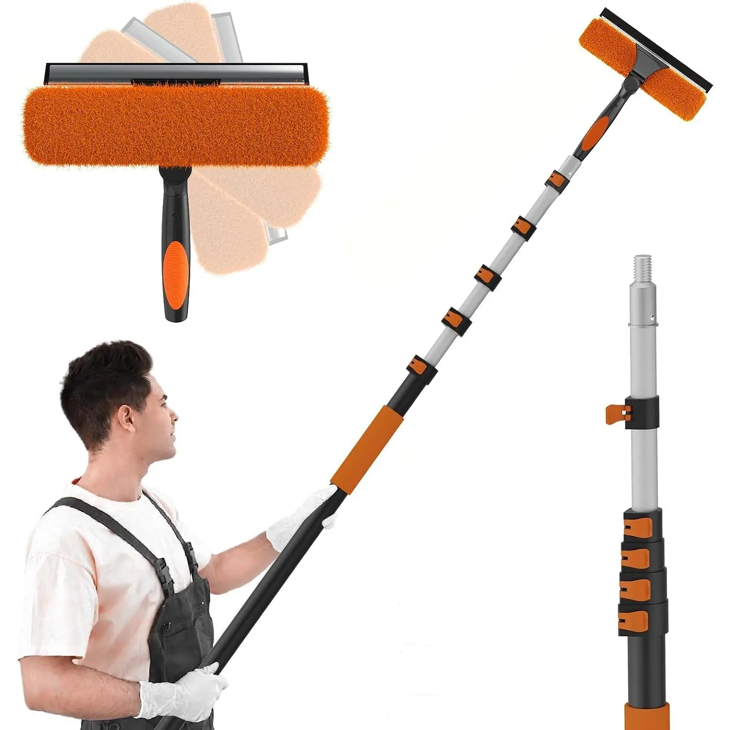 30FT Reach 2-in-1 Window Squeegee, Professional Window Washing Kit with 5-24FT Extension Pole for Home, Indoor Outdoor Squeegee with Rotatable Head for High Windows
