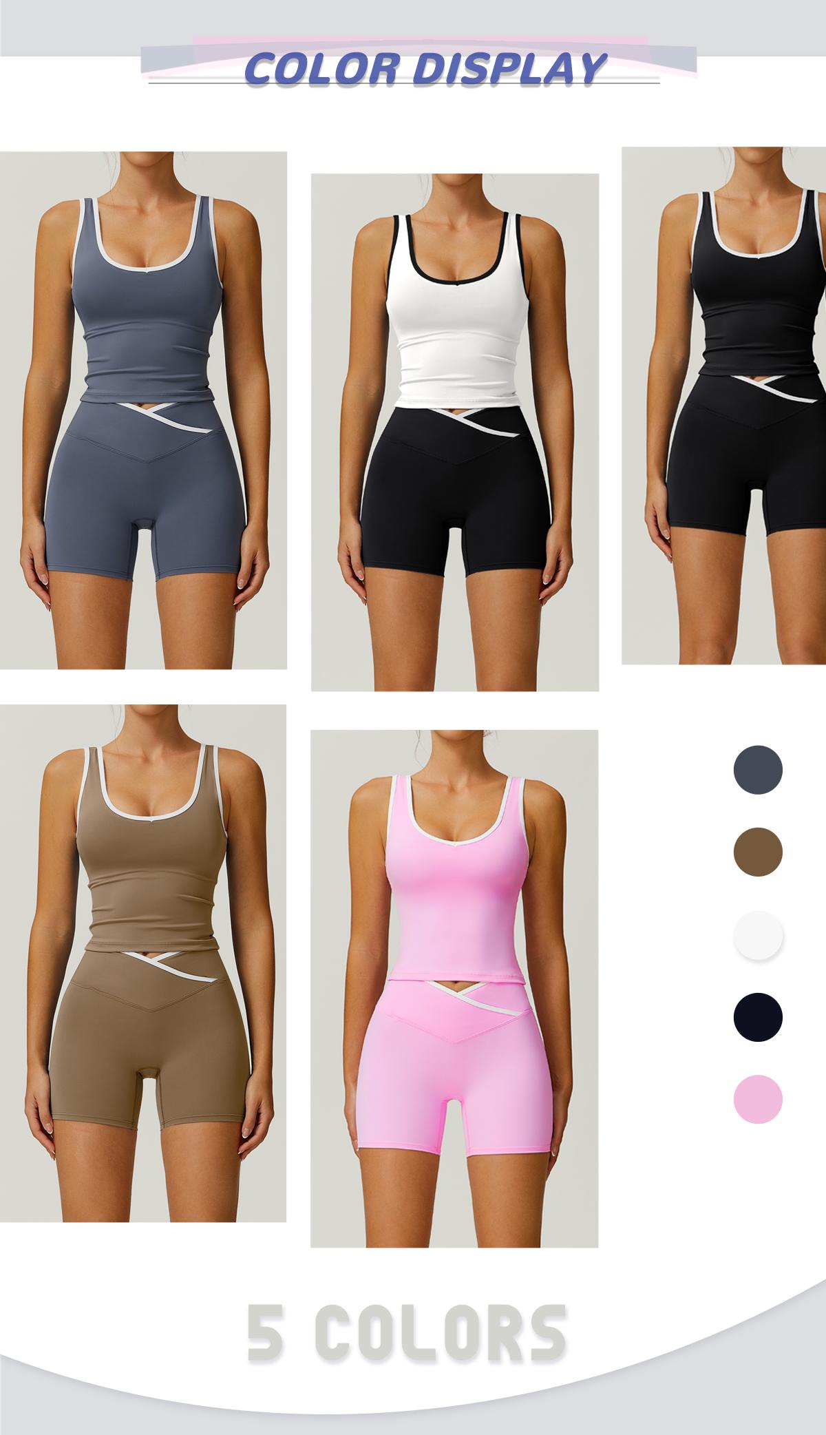 2 piece set women's patchwork high elasticity soft U-neck wide shoulder strap vest cross waist shorts yoga suit set for all seasons running, cycling, hiking, walking fashion set gym sports training Workout Running Clothes versatile vest shorts