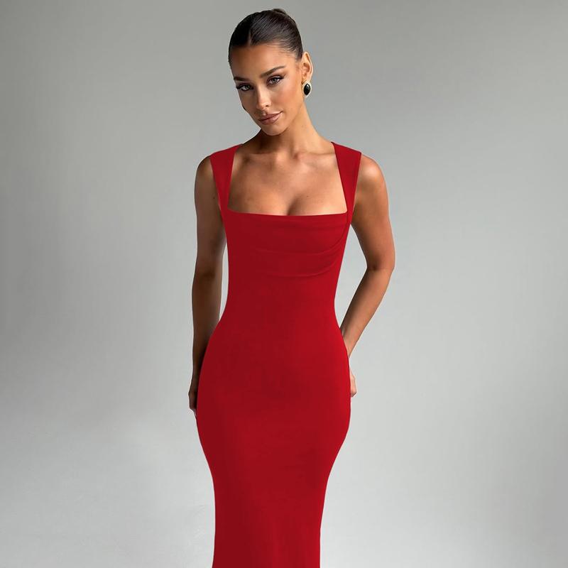 Women's Solid Color Square Neck Bodycon Tank Dress, Elegant Sleeveless Long Dress for Party Club Night Out Holiday Evening, Ladies Summer Clothes