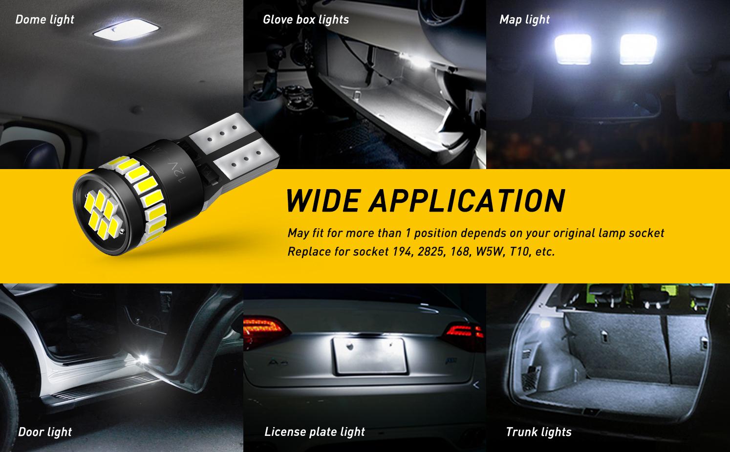 AUXITO 194 LED Bulbs for License Plate Light 168 175 2825 W5W T10 24-SMD 3014 Chipsets 6000K White for Car Dome Door Map Dash Courtesy Cargo License Plate Lights, Pack of 2/10