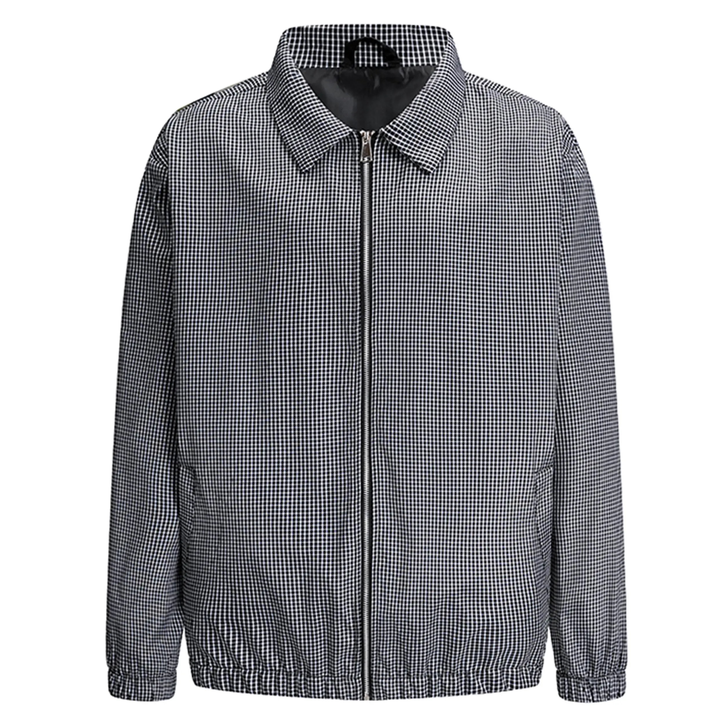 Men's Micro Gingham Checkered Long Sleeve Collared Zip-Up Jacket - Menswear Lightweight Black White Plaid Windbreaker Bomber Tops for Casual Daily Outfits
