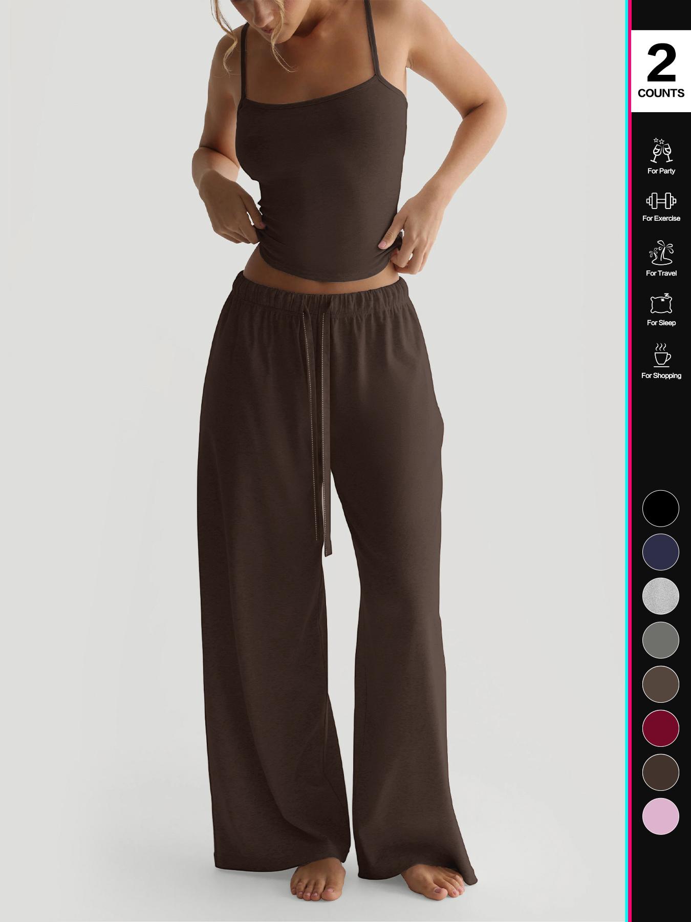 2026 Women's Four-Season Two-Piece Set, Strapless Vest Top & Wide-Leg Drawstring Elastic Waist Pants, Casual Loose-Fit Fitted Comfortable with Pockets