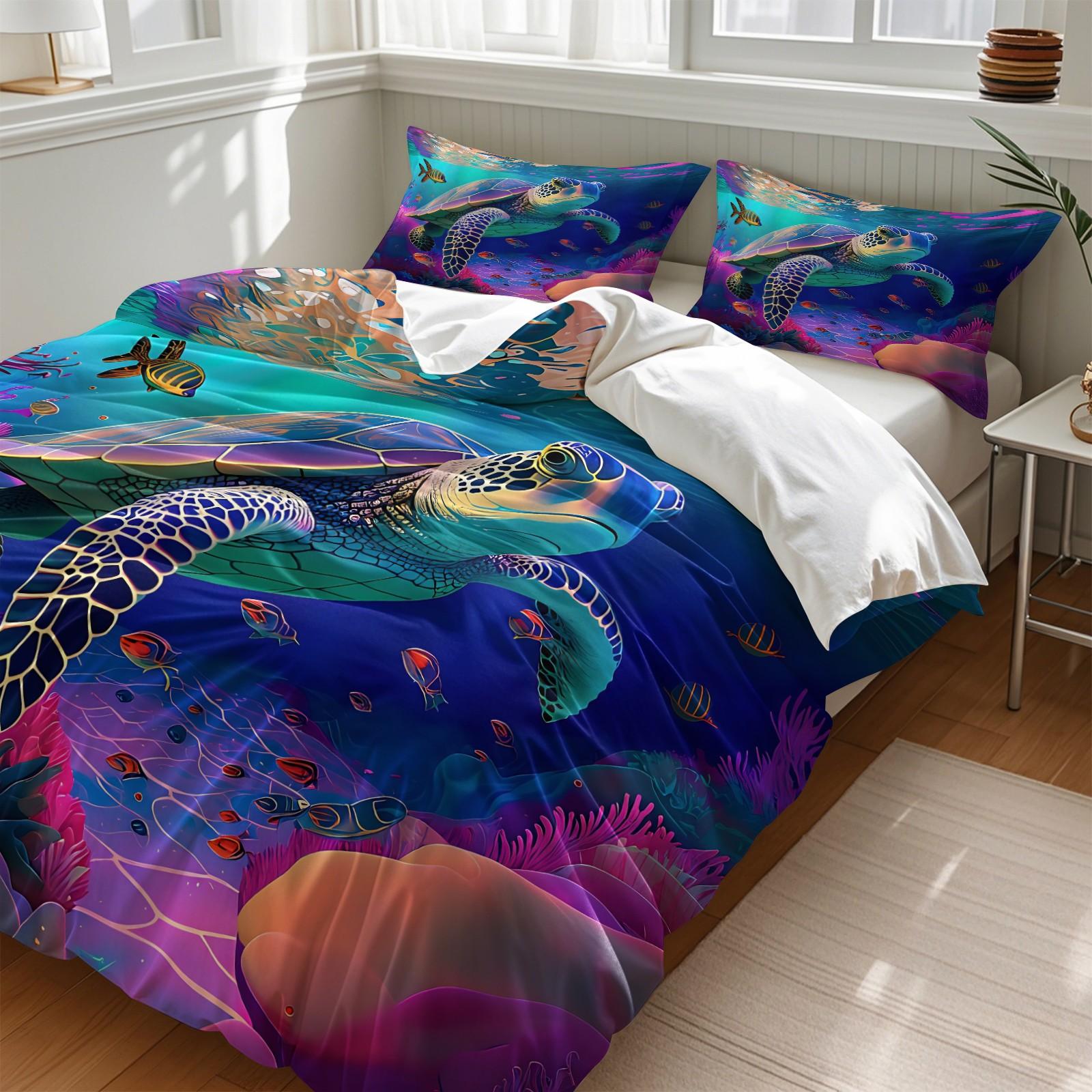 Neon Rainbow Sea Turtle Coral Underwater Ocean Duvet Cover Set, 1 Duvet Cover + 1/2 Pillowcases, Soft Skin-Friendly All Season Bedding, Perfect Sentimental Gift For Sea Turtle Lovers, Kids & Colorful Aquatic Bedroom Decor, Soft Bedding Sets