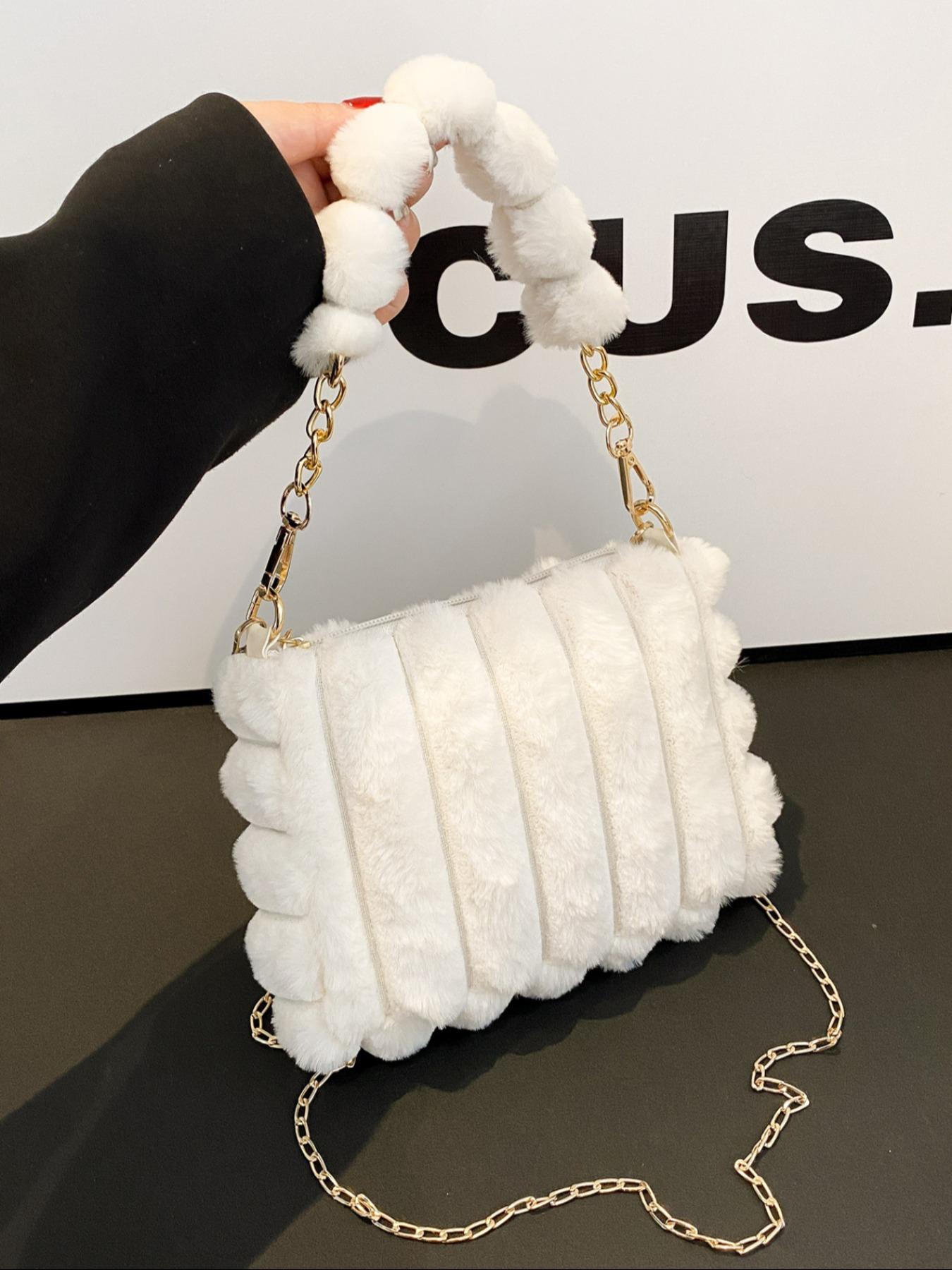 Soft Plush Detail Handbag, Cute Design Crossbody Bag for Girls & Women, Fluffy Handbag, Perfect for Fall Winter Season, Ideal Gift Choice