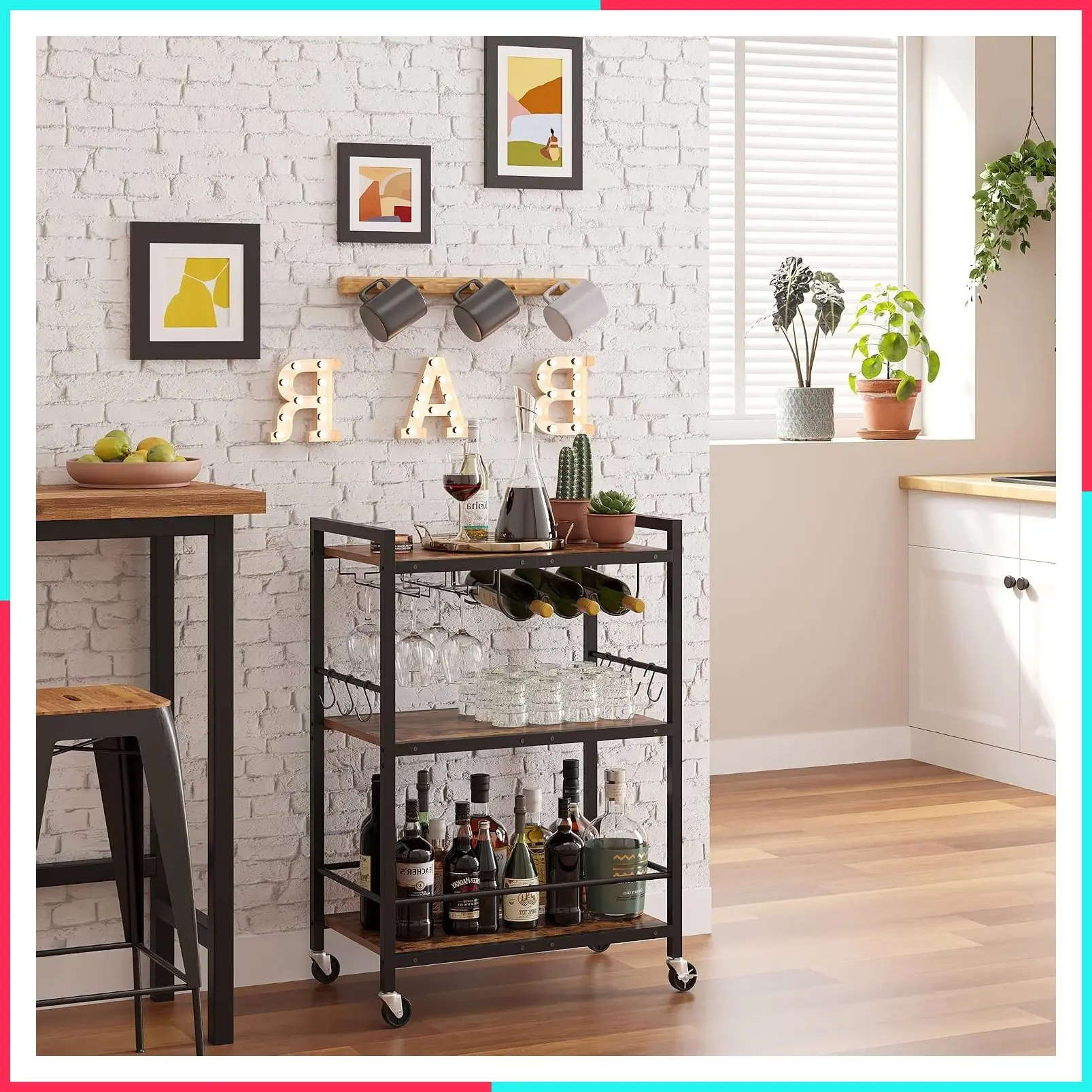 Rolling Bar Cart with Wine Rack and Glass Holder, Mobile Drink Serving Cart