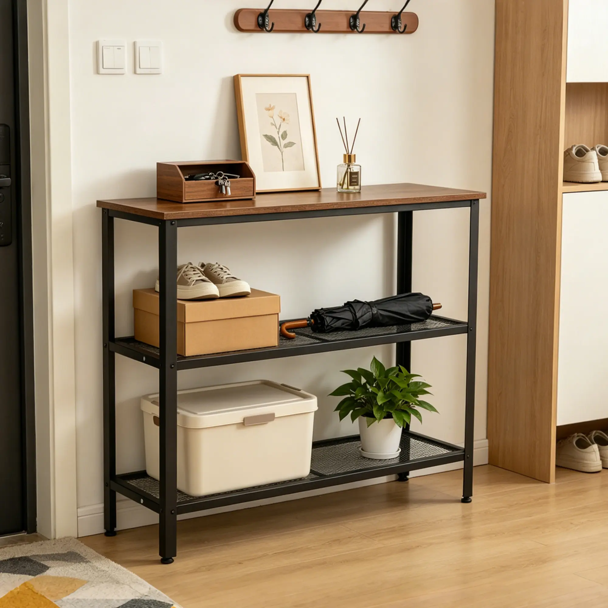 40-Inch Rectangular Industrial 3-Tier Console Table, Narrow Space-Saving Entryway Sofa Table with Engineered Wood Top, Heavy-Duty Metal Legs, Open Storage Shelves, Adjustable Leveling Feet, Simple Setup for Hallway, Living Room