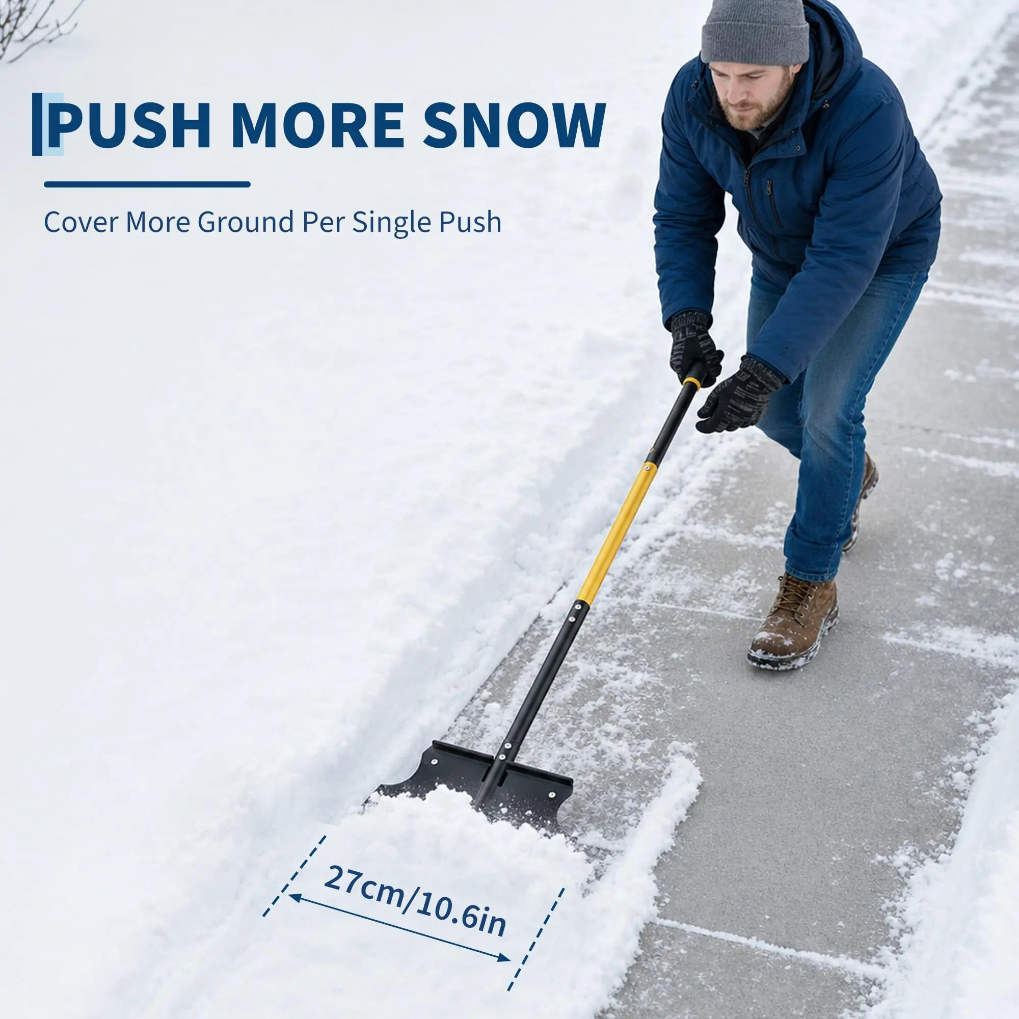 49 in Heavy Duty Snow Shovel & Ice Scraper, Flat garden tool featuring detachable handle for easy driveway winter clearing and sidewalk frozen debris removal