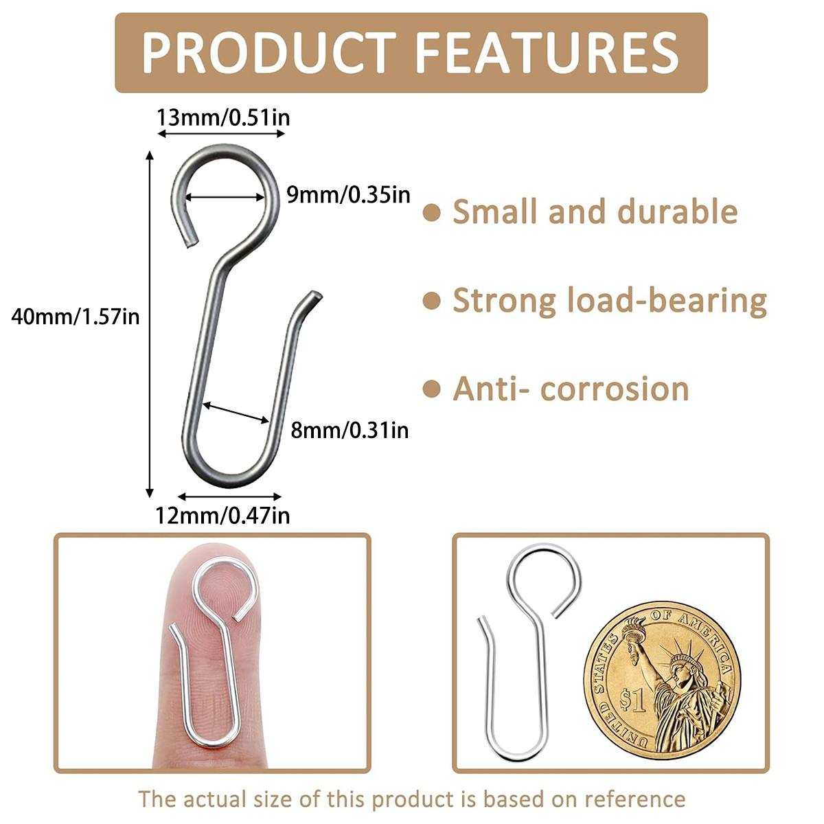 50pcs Small Curtain Track Hooks, S Shaped Short Drape Pins, Flexible Ceiling Curtain Track Rollers, Metal Rod Clips Holder - Silver Color