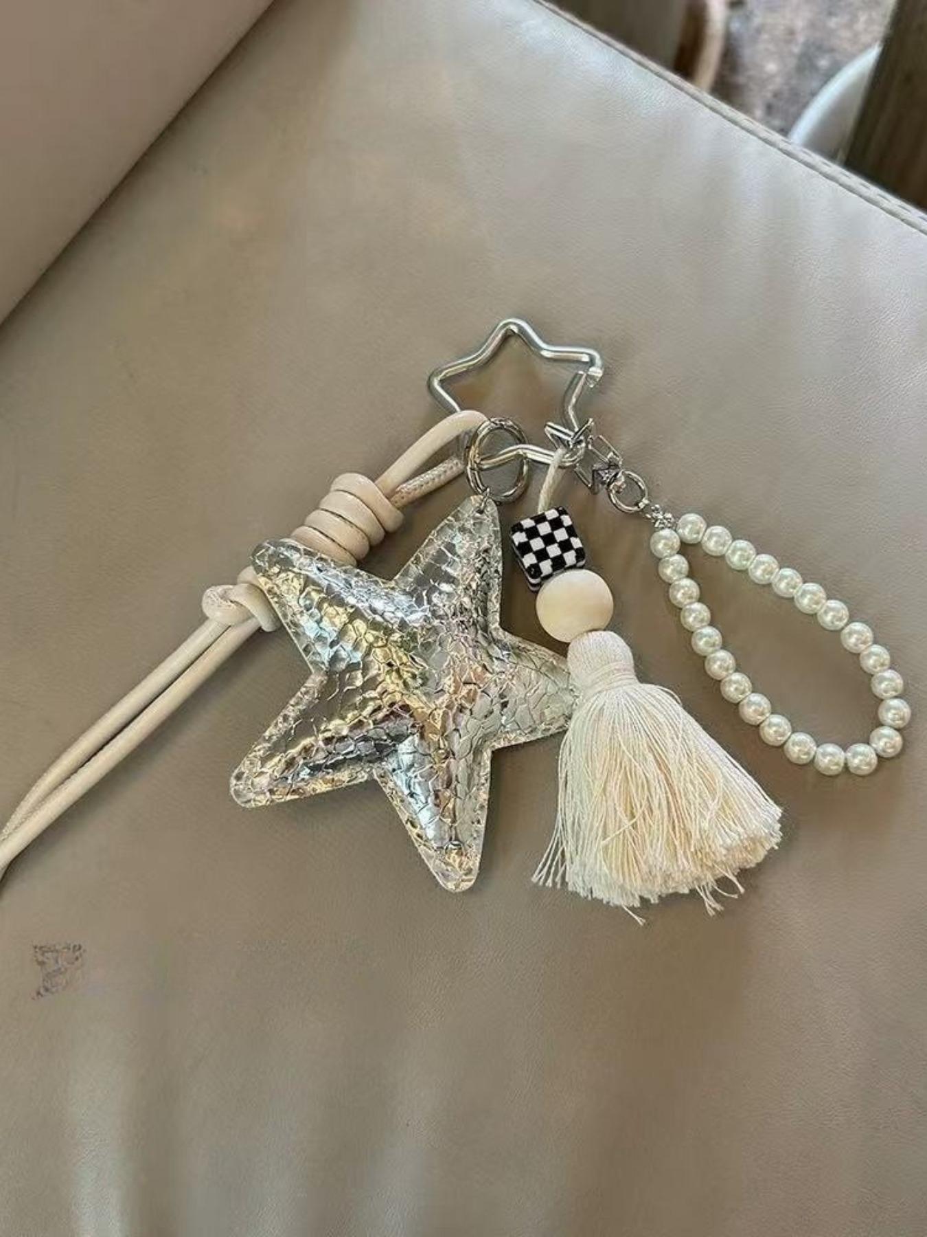 Gold Silver Color Pearl Sequin Star Bag Charm, Style Keychain Pendant, Book Decoration Accessory, Fashion Jewelry Gift, Sparkly Bag Charm