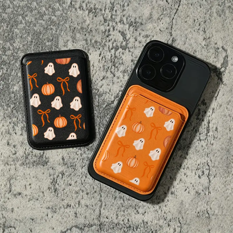 Cute Halloween Ghost Print Magnetic Polyurethane Leather Smartphone Card Holder - 2-Card Slots, Strong Magnet, MagSafe Wallet, Shockproof Silicone Protection Cover for iPhone 18/17/16/15/14/13/12 & Samsung/Google/Motorola