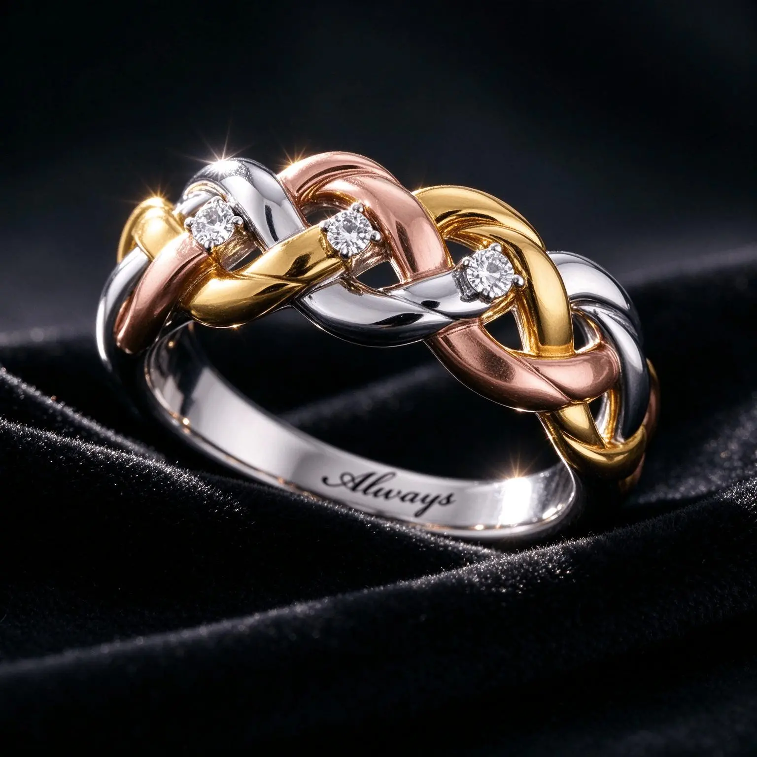 Intertwined Band Ring, Tri Color Gold Plated, Inlaid Cubic Zirconia, Engraved "Always" Braided Statement Ring for Women, Wedding Promise Jewelry Gift