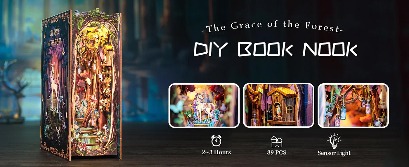 CUTEBEE The Grace of The Forest DIY 3D Book Nook Kit Miniature House Dollhouse with Unicorn Handmade Creative Toy for Teens & Adults Holiday Christmas Gift Bookshelf Insert Decor