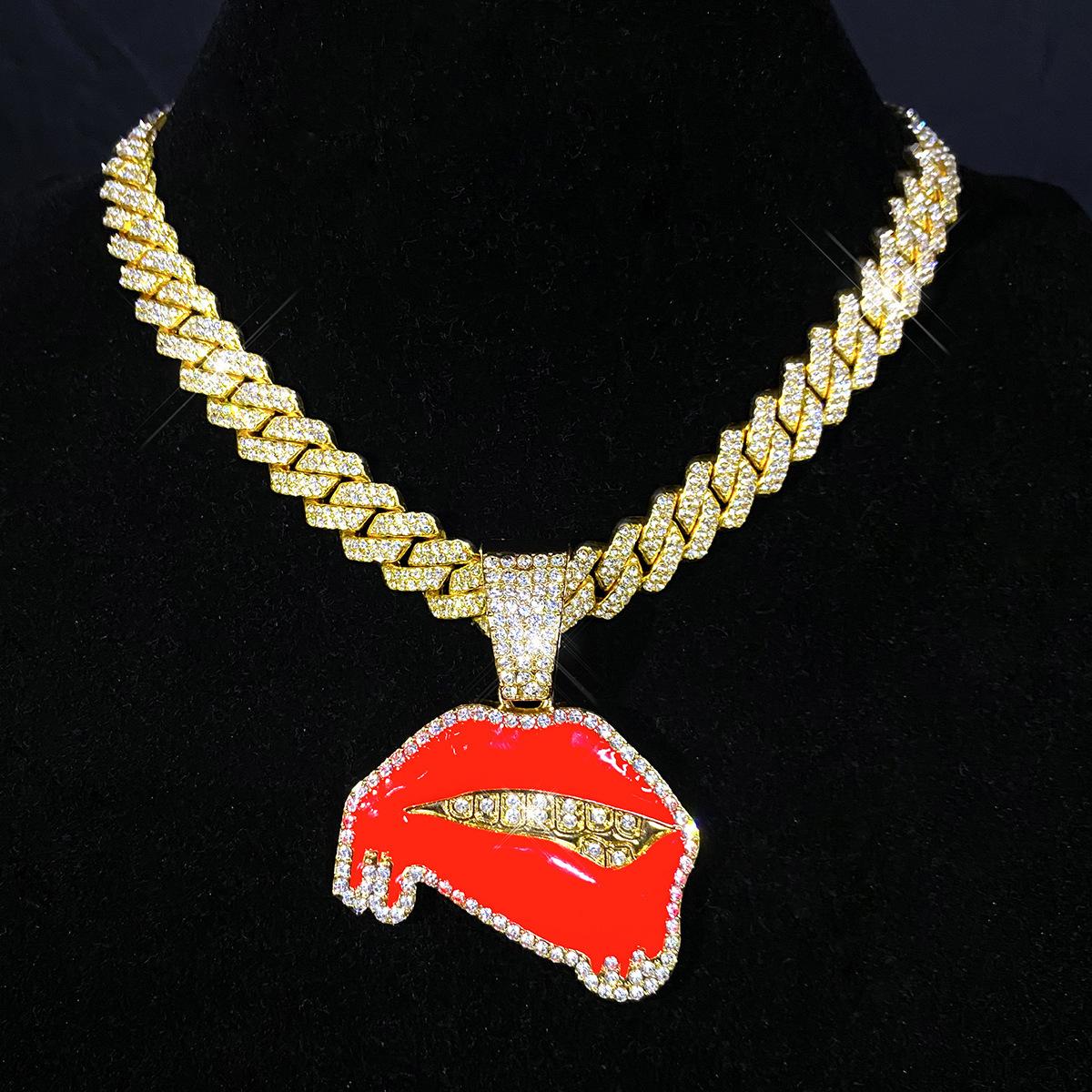 Diamond-studded oil-drip sexy red lip pendant hip-hop personalized creative alloy Cuban chain necklace