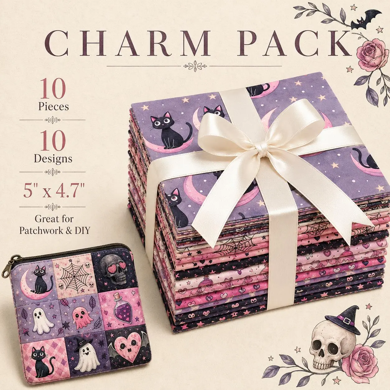 10pcs Fabric Set Vintage Halloween Pattern Polyester Fabric Handmade DIY Suitable for Patchwork DIY Craft Projects DIY Wallet Making Gift Giving Bag Making