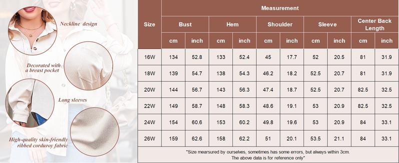 IN'VOLAND Womens Plus Size Corduroy Shirt Long Sleeve Button Down Shirts Fall Blouses Tops Casual Jacket Shacket Loose Fit Lightweight