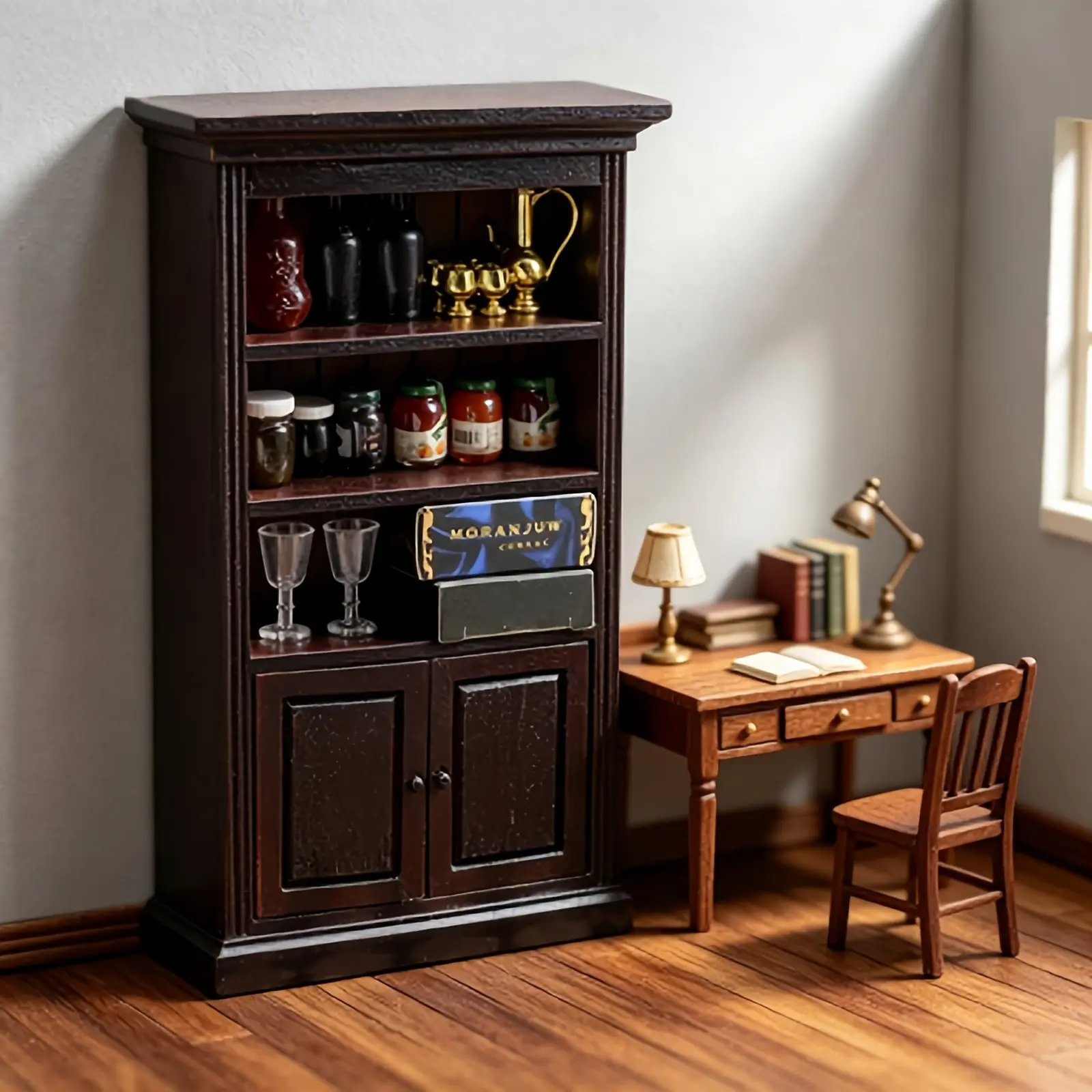 1:12 Dollhouse Dark Vintage Tall Cabinet 3 Tier Open Shelf Double Door Bookcase Living Study Decor Scene Prop Photo Gift for Hobbyists Christmas Easter New Year