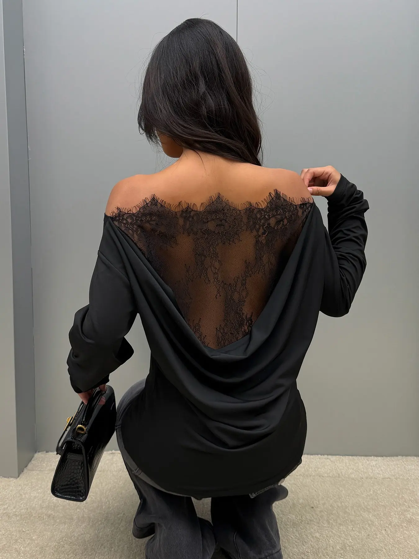 Coquette Clean Girl Sexy Solid Color Off Shoulder Long Sleeve Top, Draped Cowl Back Eyelash Lace Panel Loose Slim Fit Casual Street Nightclub Blouse Casual Backless Design For Women
