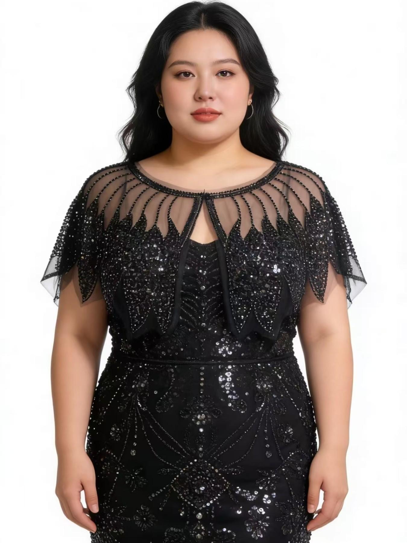 Sequined Beaded Vintage Polyester Mesh Evening Gown Shawl, Perfect for Weddings, Parties, Banquets, Hand Washable, Retro Elegance