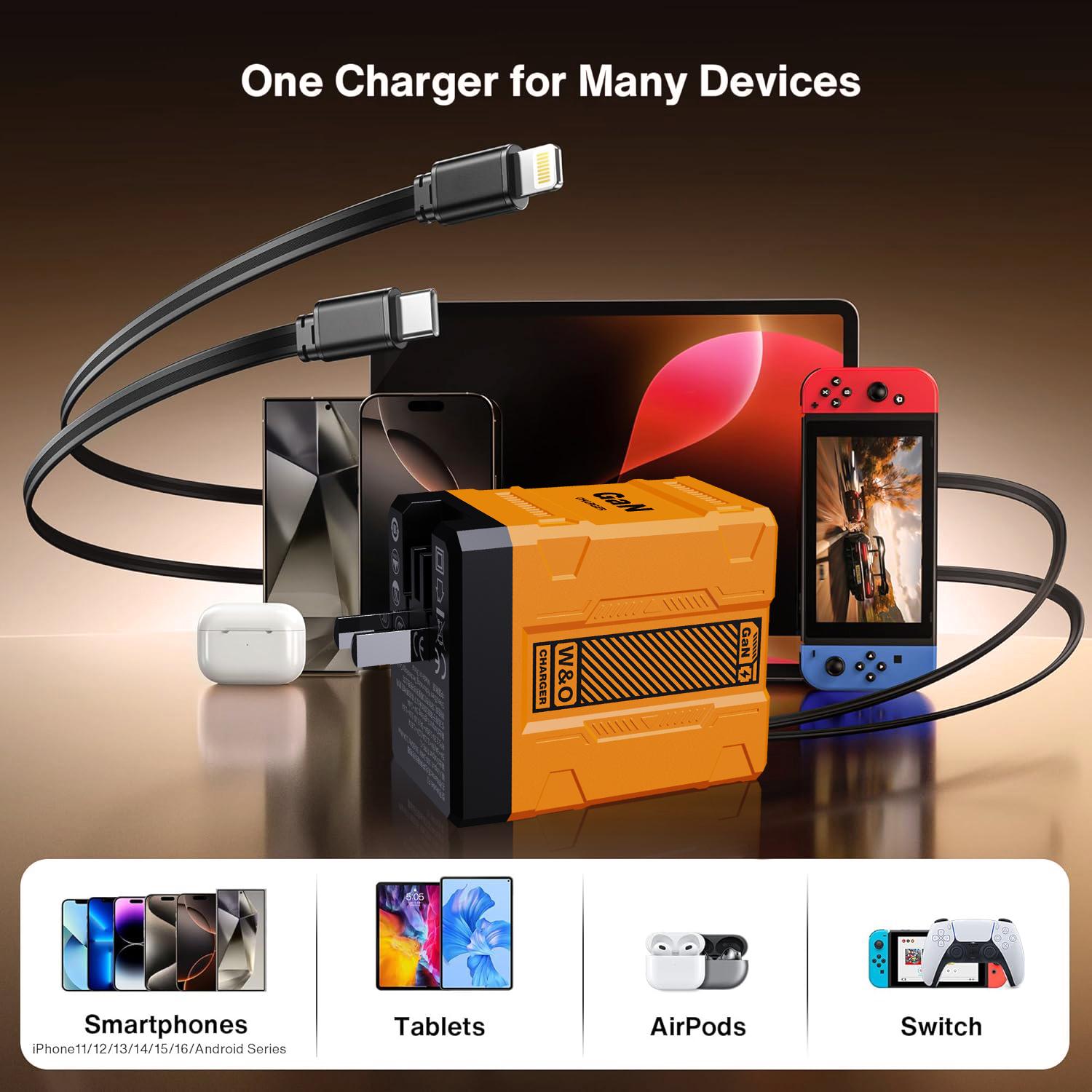 W&O Compatible with 120W GaN Fast Charger | Retractable Type-C & Lightning Cables |Foldable Adapter for iPhone 16, iPad, MacBook, Multi-Device Fast Charging
