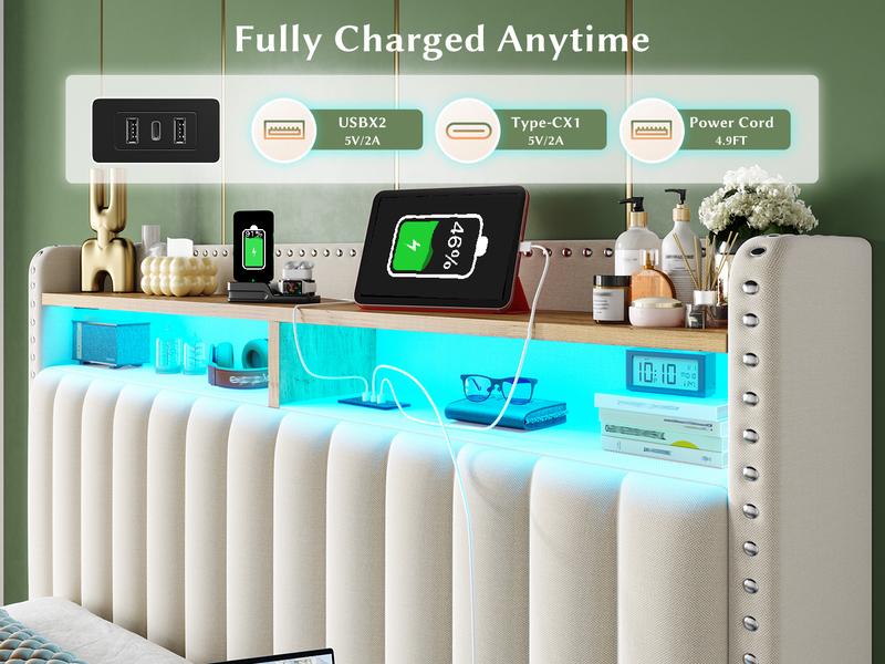 Luxury King/Queen/Full Bed Frame with Storage Shelf & 2 Drawers,NO MATTRESS, Upholstered Bed Frame with LED &Power Outlet, Holds 1000lbs, No Noise, Metal Frame & Wood Slats