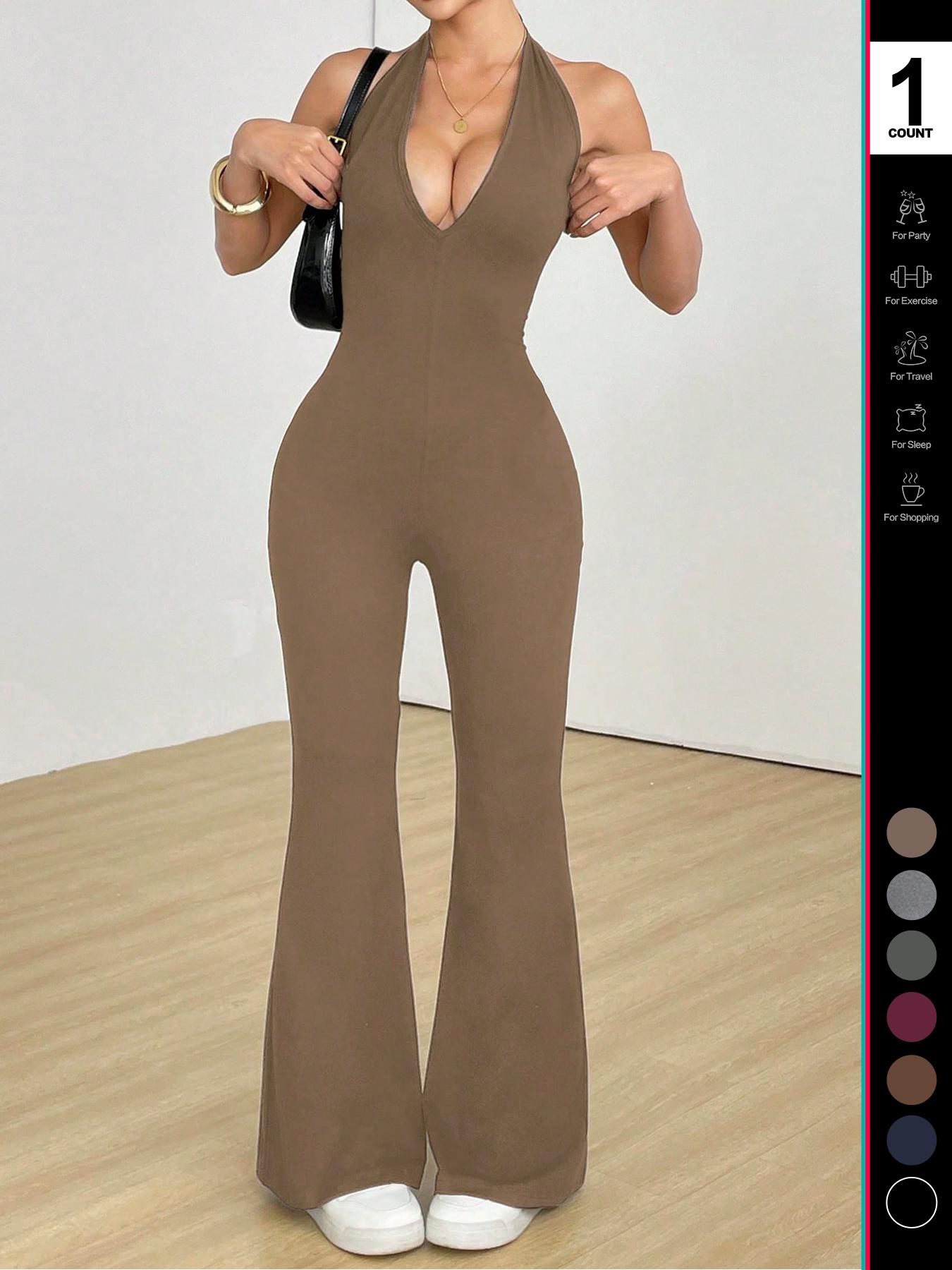 2026 Women's Sexy Halter V Neck Jumpsuit, Sleeveless Backless Design, Fitted Flare Leg Romper, Casual Style for All Seasons