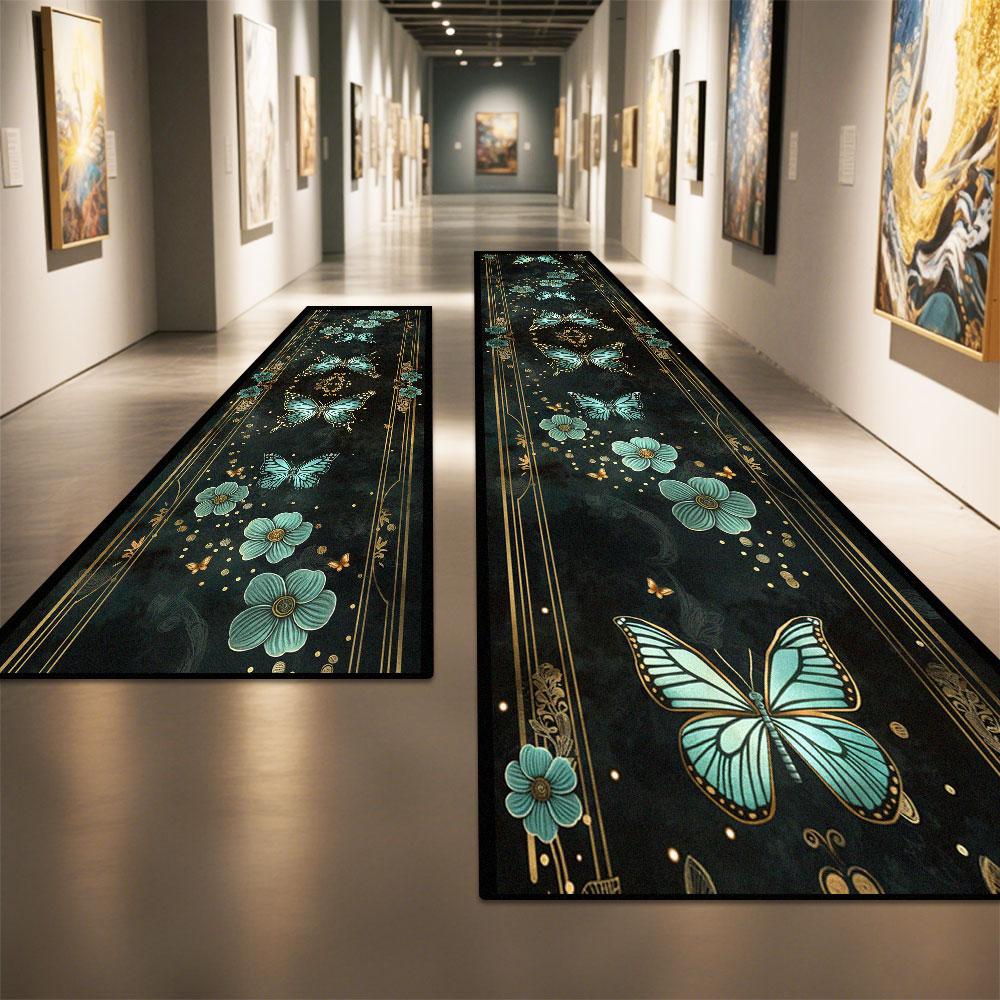 Crystal Velvet Butterfly Pattern Carpet, Durable Bedroom Bedside Decorative Rug, Stylish Coffee Shop Hallway Mat, Hotel Lobby Long Rug, Butterfly Area Rug