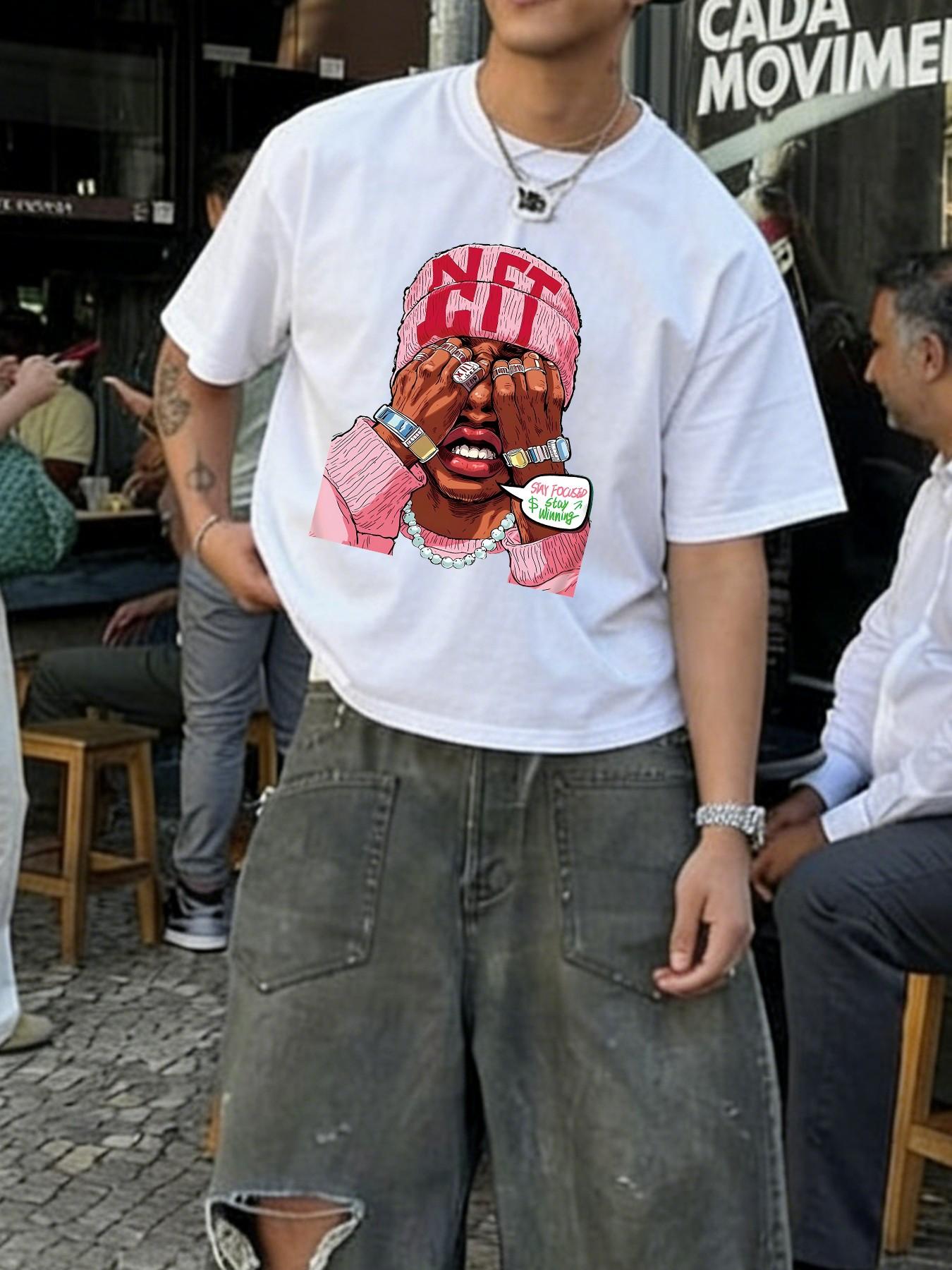 Men's Casual Patterned Short Sleeve T-Shirt, Streetwear Style, Drop Shoulder Design, Lightweight Fabric, Ideal for Daily Wear and Layering