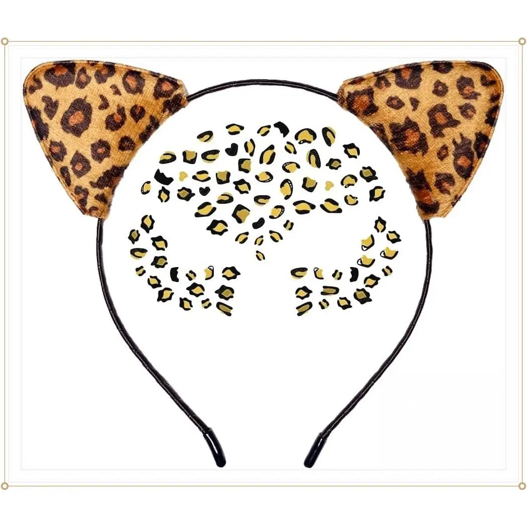 Cheetah Ears Headband & Metallic Face Tattoos – Adult Leopard Cosplay & Halloween Costume Accessory SetGift