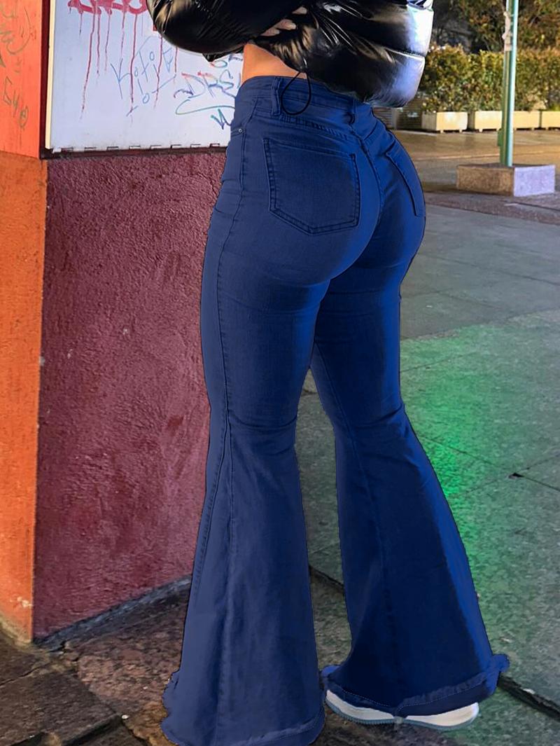 Women's Bell Bottom Flare Jeans Mid Rise Denim Pants Destroyed Raw Hem Denim Pants