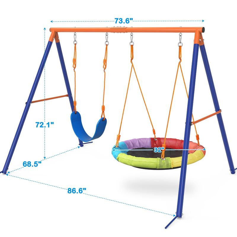 Bearbro Swing Set with 1 Saucer and 1 Belt Swing Seat, 440lbs Swing Set for Kids with Heavy Duty A-Frame Metal Swing Stand for Backyard and Playground
