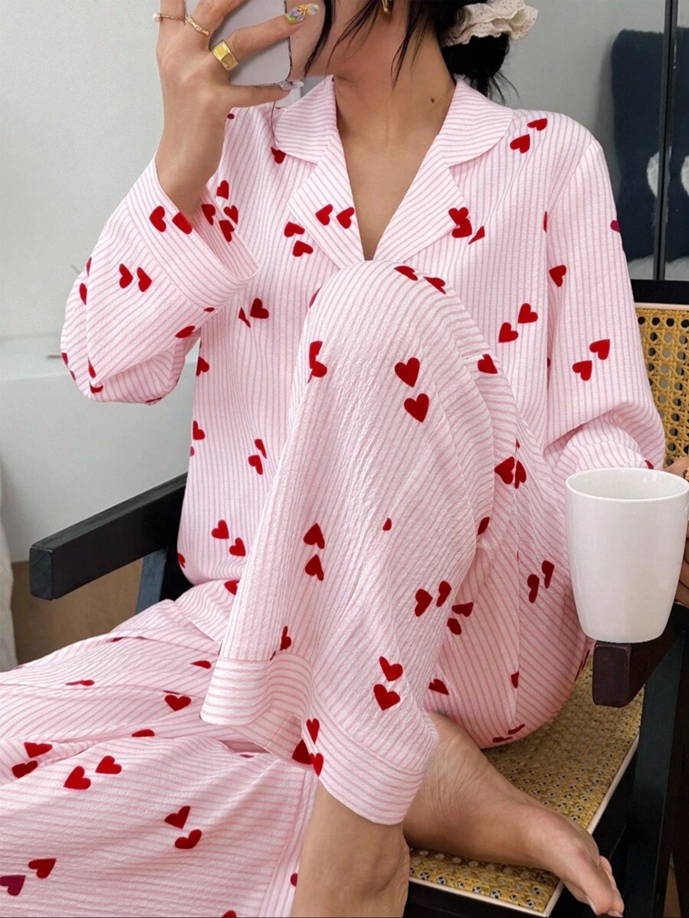 Women's Heart Stripe Print Button Front Shirt and Elastic Waist Pants Pajama Set, Cute Sleepwear for Spring & Fall, pjs