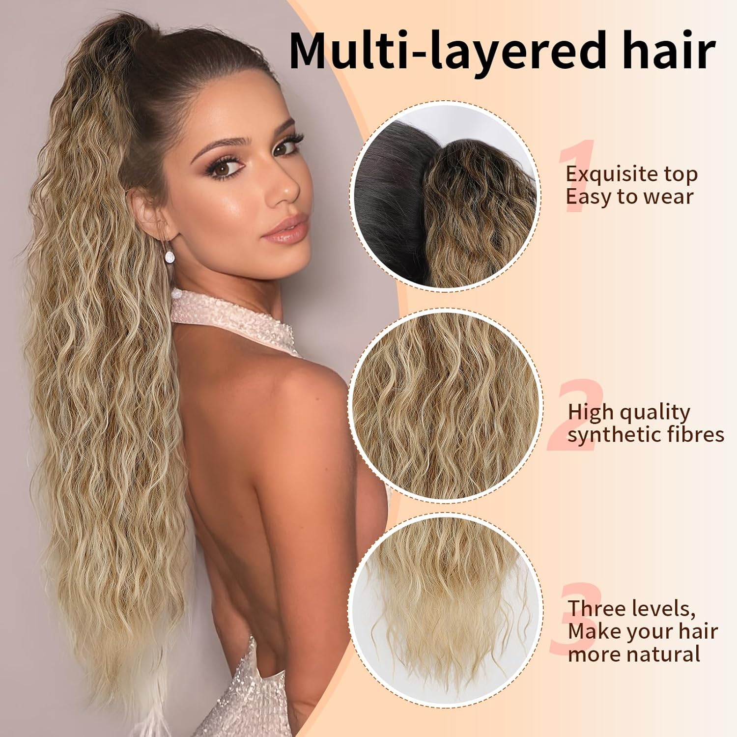 [kookastyle]  Ponytail Extension Claw 30" Curly Pony Tail Clip in Claw Hair Extensions Fluffy Natural Looking Synthetic Hairpiece for Women (Ombre Brown Mix Blonde)