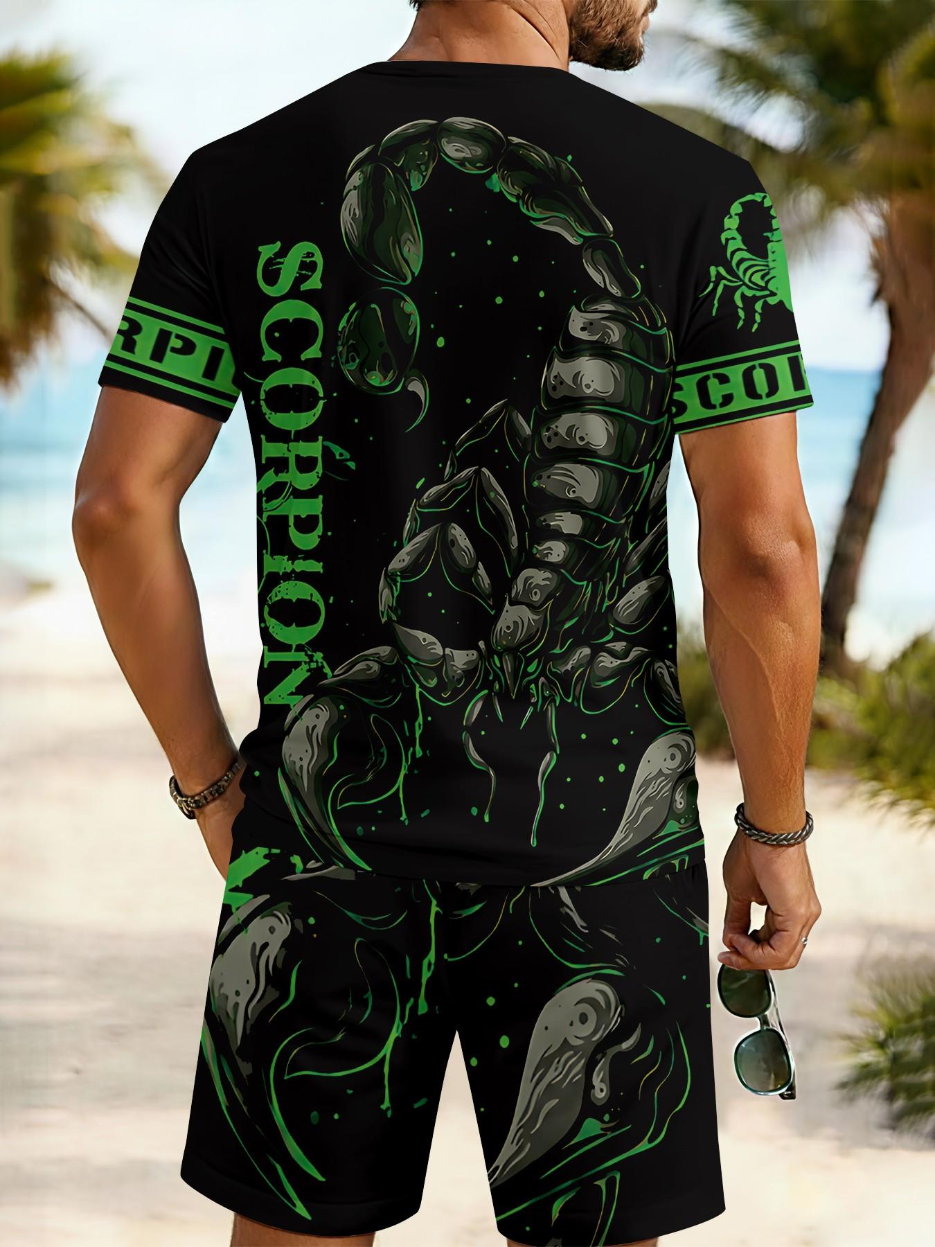 Men's 3D Digital Printed Two-piece Set with Green and Black Scorpion Ink Wash Trendy Casual Pattern, 2 Pieces, Fashion Retro Casual Outfit, Tropical Vacation-style Trendy Wear, Breathable Sports Casual Style, Ideal Holiday Gift for Men