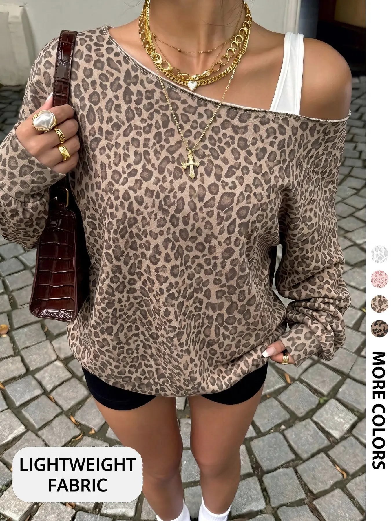 Women Off‑Shoulder Oversized Long Sleeve Sweatshirt, Light Brown Leopard Animal Print Slouchy Wide Neck Loose Fit Pullover, Y2K Grunge Streetwear Trendy Casual Fall Top #StreetwearOOTD Autumn Outfits Women